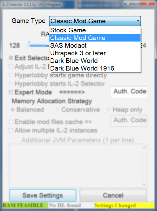 IL 2 Selector Settings Game Type